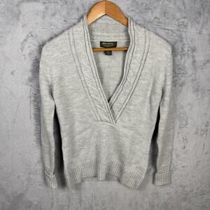Eddie Bauer Womens Merino Wool Sweater Medium Cable Knit Gray Long Sleeve Preppy